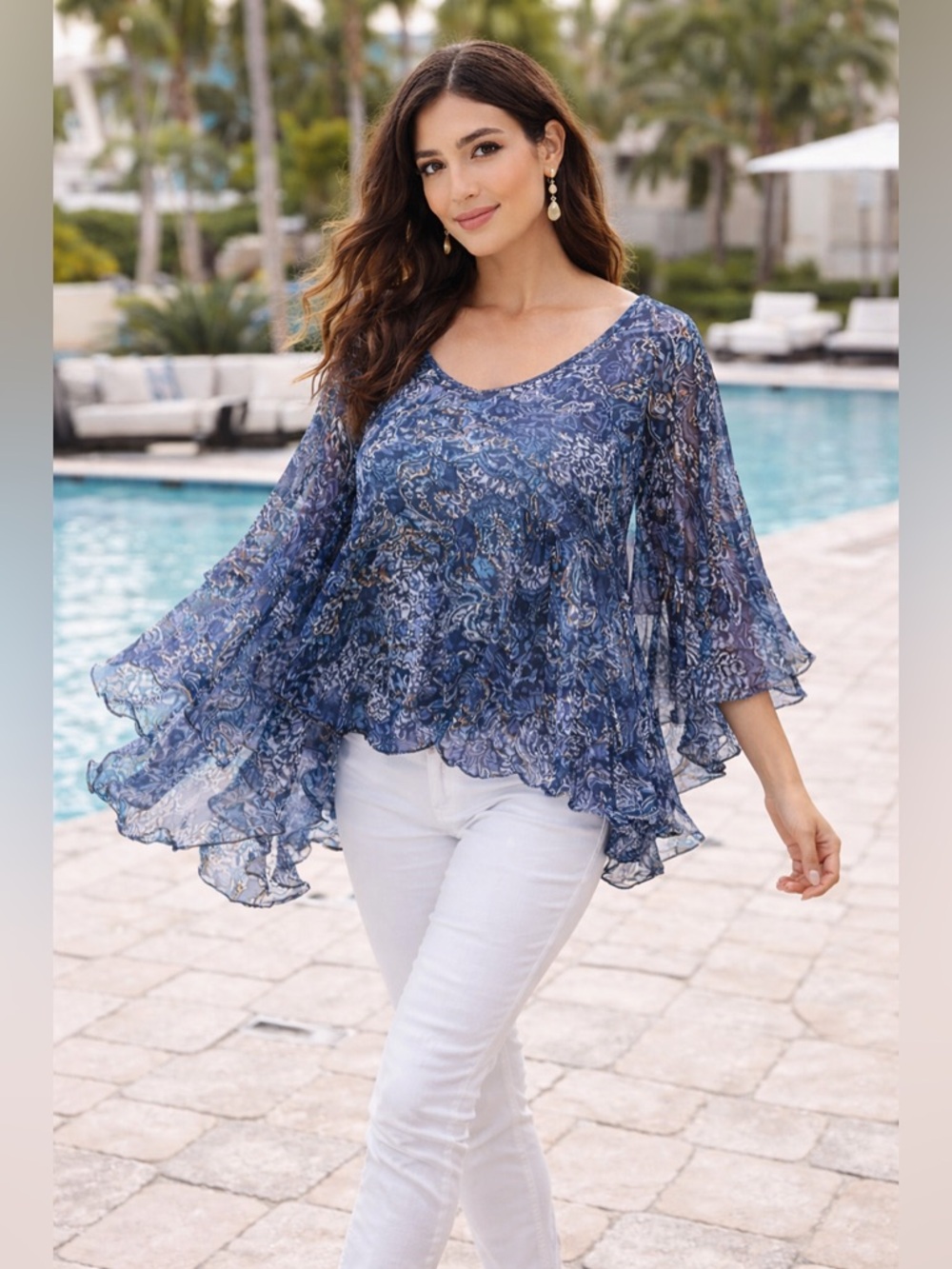 Analili Silk Blend Boho Ruffle Blouse Blue Print Sheer Overlay XS NWT